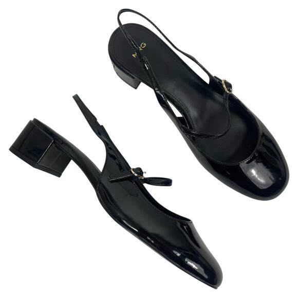 Mango Patent Leather Effect Slingback Mary Jane Pump Black Size 40 - Picture 3 of 12